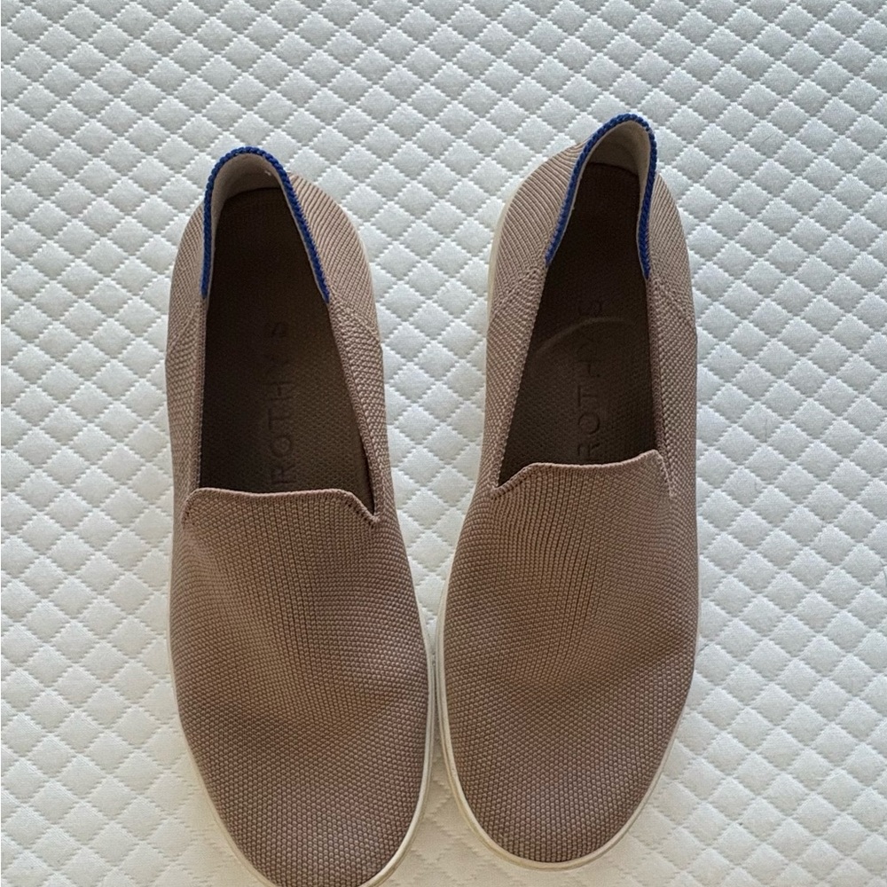 Rothy's Tan Slip-On Flats with Blue Trim
